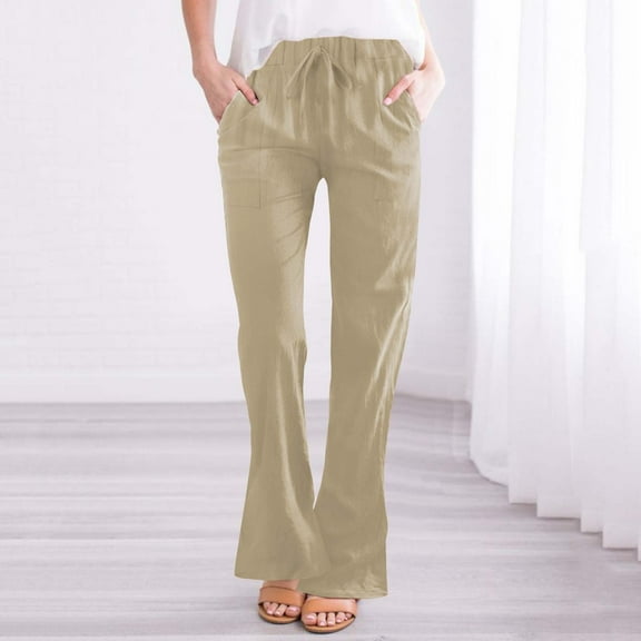 IDALL Linen Pants Women Petite Pants Women Fashionable Casual Cotton And Linen Pocket Waist Slim Bell Bottom Trousers Lounge Pants Women Summer Pants Khaki 4XL