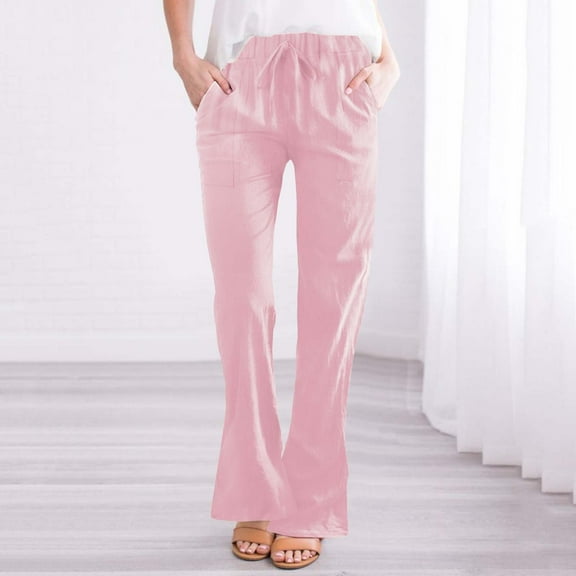 IDALL Linen Pants Women Petite Pants Women Fashionable Casual Cotton And Linen Pocket Waist Slim Bell Bottom Trousers Lounge Pants Women Summer Pants Pink 2XL