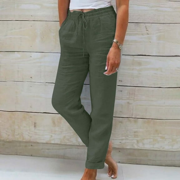 IDALL Linen Pants Women Petite Pants Women Fashionable And Casual Summer Elastic High Waisted Solid Color Cotton And Linen Loose Trousers Lounge Pants Women Baggy Pants Green L