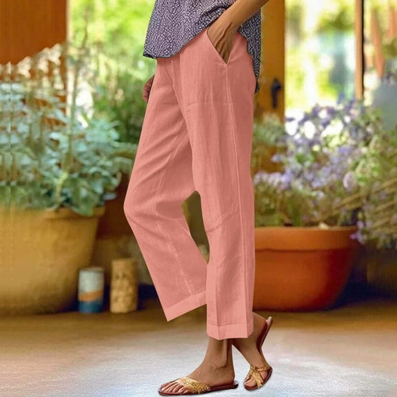 IDALL Linen Pants Women Petite Pants Women Loose Pocket Patchwork Cotton And Linen Casual Pants Lounge Pants Women Baggy Pants Pink L