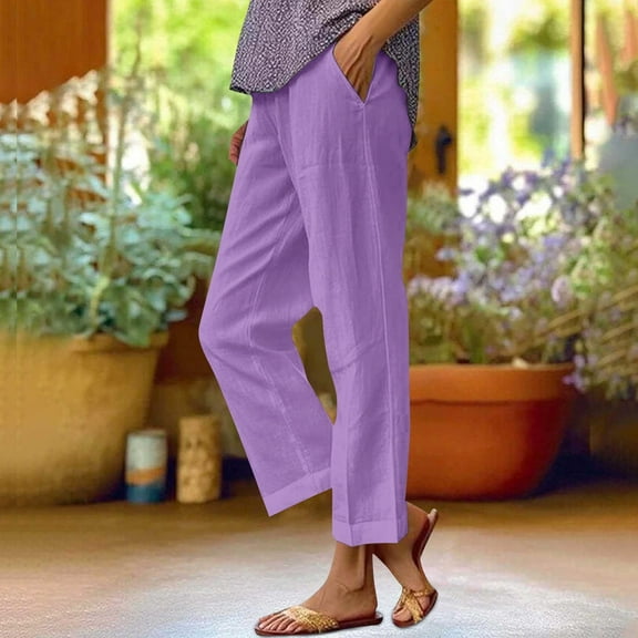 IDALL Linen Pants Women Petite Pants Women Loose Pocket Patchwork Cotton And Linen Casual Pants Lounge Pants Women Baggy Pants Purple 2XL
