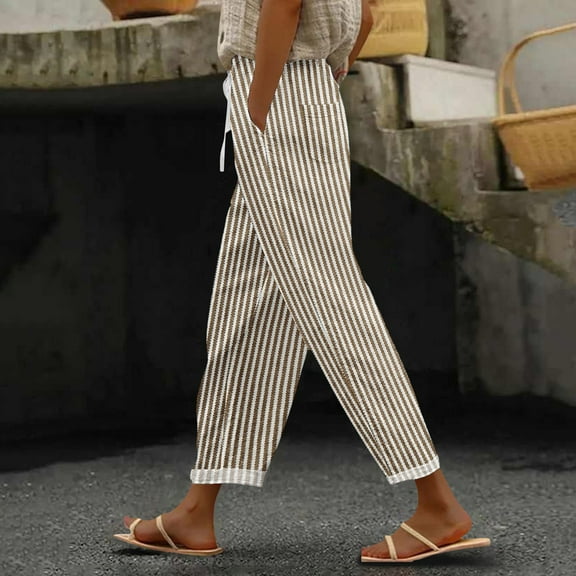 IDALL Linen Pants Women Petite Pants Women Printed Everyday Casual Drawstring Pants Lounge Pants Women Summer Pants Khaki XL