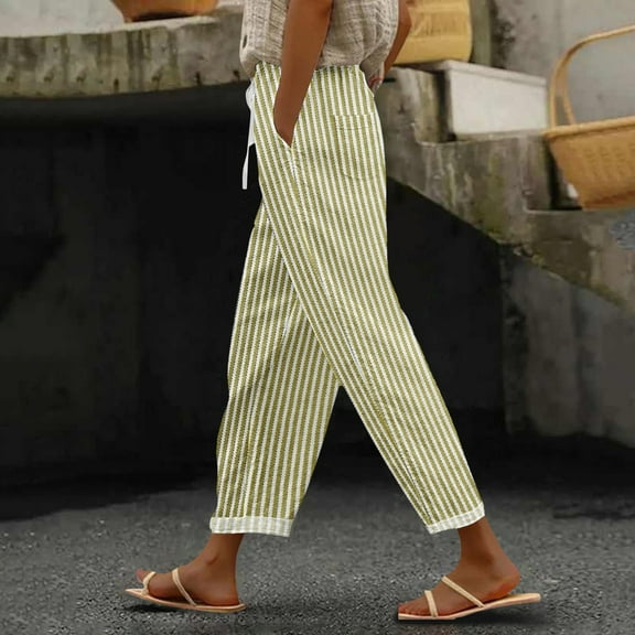 IDALL Linen Pants Women Petite Pants Women Printed Everyday Casual Drawstring Pants Lounge Pants Women Summer Pants Yellow 2XL