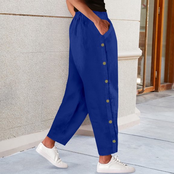 IDALL Linen Pants Women Petite Pants Women Side Button Pockets Solid Color Mid Waist Cotton Linen Casual Slacks Lounge Pants Women Baggy Pants Blue S