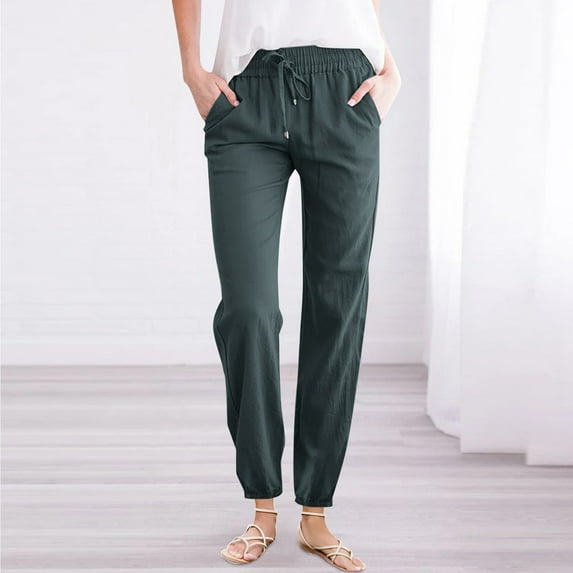 IDALL Linen Pants Women Petite Pants Women Solid Cotton And Linen Drawstring Loose Casual Leggings Lounge Pants Women Baggy Pants Army Green L