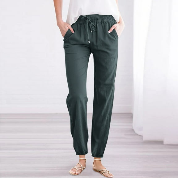 IDALL Linen Pants Women Petite Pants Women Solid Cotton And Linen Drawstring Loose Casual Leggings Lounge Pants Women Baggy Pants Army Green L