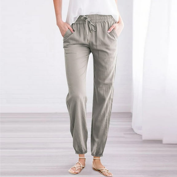 IDALL Linen Pants Women Petite Pants Women Solid Cotton And Linen Drawstring Loose Casual Leggings Lounge Pants Women Baggy Pants Gray 2XL