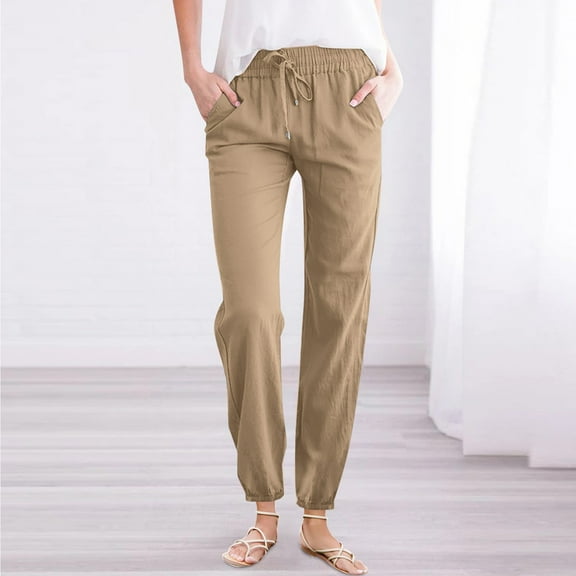 IDALL Linen Pants Women Petite Pants Women Solid Cotton And Linen Drawstring Loose Casual Leggings Lounge Pants Women Baggy Pants Khaki 2XL