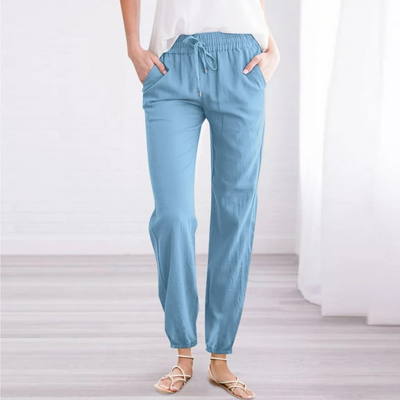 IDALL Linen Pants Women Petite Pants Women Solid Cotton And Linen Drawstring Loose Casual Leggings Lounge Pants Women Baggy Pants Light Blue L