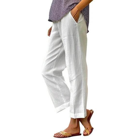 IDALL Linen Pants Women Petite Pants Women Solid Straight Solid Elastic Pants Long Drawstring Linen Women Waist Cotton Casual Pants Baleaf Pants Women Baggy Pants White M