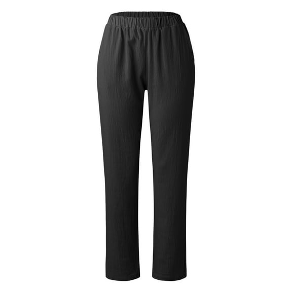 IDALL Linen Pants Women Petite Pants Women Solid Trouser Pant Casual Baggy Elastic Waist Trouser Wide Leg Pant With Pocket Fashion Pant Baleaf Pants Women Summer Pants Black L