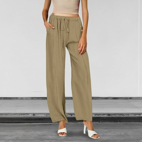 IDALL Linen Pants Women Petite Pants Women Spring Summer Fall Plus Size Loose Cotton And Linen Casual Pants Lounge Pants Women Plus Size Pants Khaki M