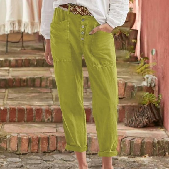 IDALL Linen Pants Women Petite Pants Women Spring/summer Breasted Cotton/linen Loose Casual Pants Lounge Pants Women Baggy Pants Green S
