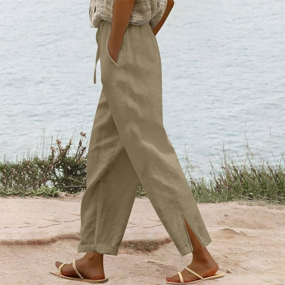 IDALL Linen Pants Women Petite Pants Women Summer Long Solid Color Cotton Linen Straight Leg Loose Casual Pants Lounge Pants Women Baggy Pants Khaki S