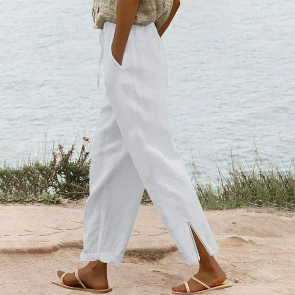 IDALL Linen Pants Women Petite Pants Women Summer Long Solid Color Cotton Linen Straight Leg Loose Casual Pants Lounge Pants Women Baggy Pants White 3XL