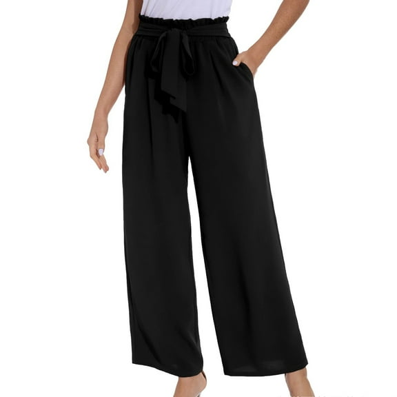 IDALL Linen Pants Women Petite Pants Women Wide Leg Pants With Pockets Lightweight High Waisted Palazzo Adjustable Tie Knot Flowy Trousers Lounge Pants Women Summer Pants Black L