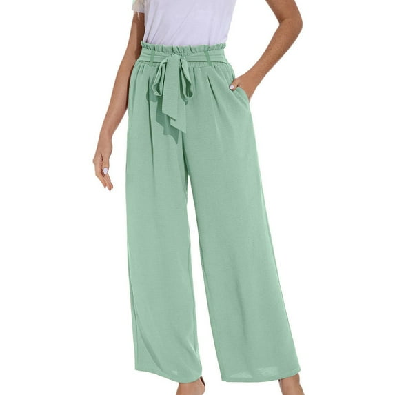 IDALL Linen Pants Women Petite Pants Women Wide Leg Pants With Pockets Lightweight High Waisted Palazzo Adjustable Tie Knot Flowy Trousers Lounge Pants Women Summer Pants Blue 2 M