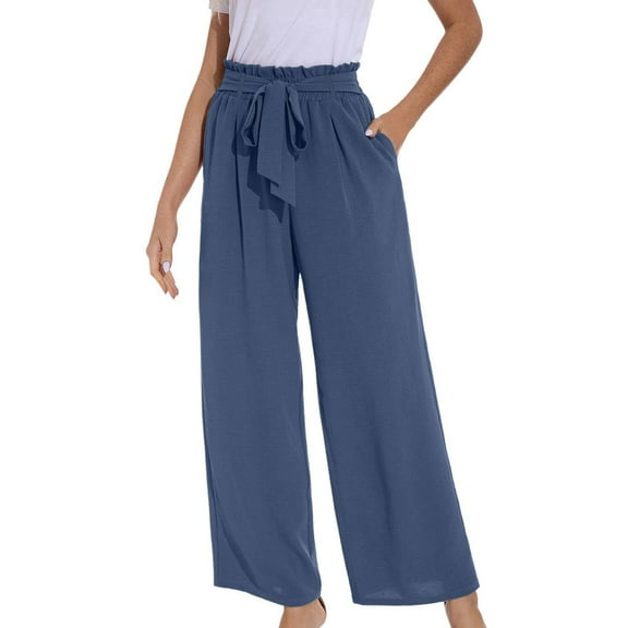IDALL Linen Pants Women Petite Pants Women Wide Leg Pants With Pockets Lightweight High Waisted Palazzo Adjustable Tie Knot Flowy Trousers Lounge Pants Women Summer Pants Blue 1 XL