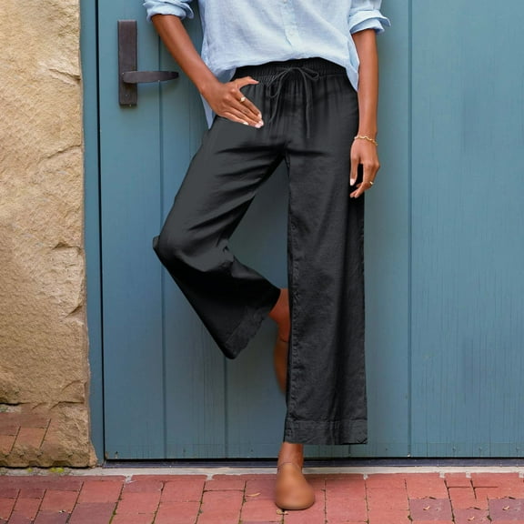 IDALL Linen Pants Women Petite Pants Womens Daily Elastic Waist Pockets Straight Solid Color Casual Pants Loose Long Trousers Lounge Pants Women Summer Pants Black L