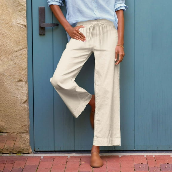 IDALL Linen Pants Women Petite Pants Womens Daily Elastic Waist Pockets Straight Solid Color Casual Pants Loose Long Trousers Lounge Pants Women Summer Pants Beige 2XL