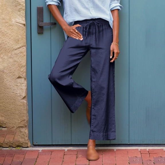IDALL Linen Pants Women Petite Pants Womens Daily Elastic Waist Pockets Straight Solid Color Casual Pants Loose Long Trousers Lounge Pants Women Summer Pants Navy L