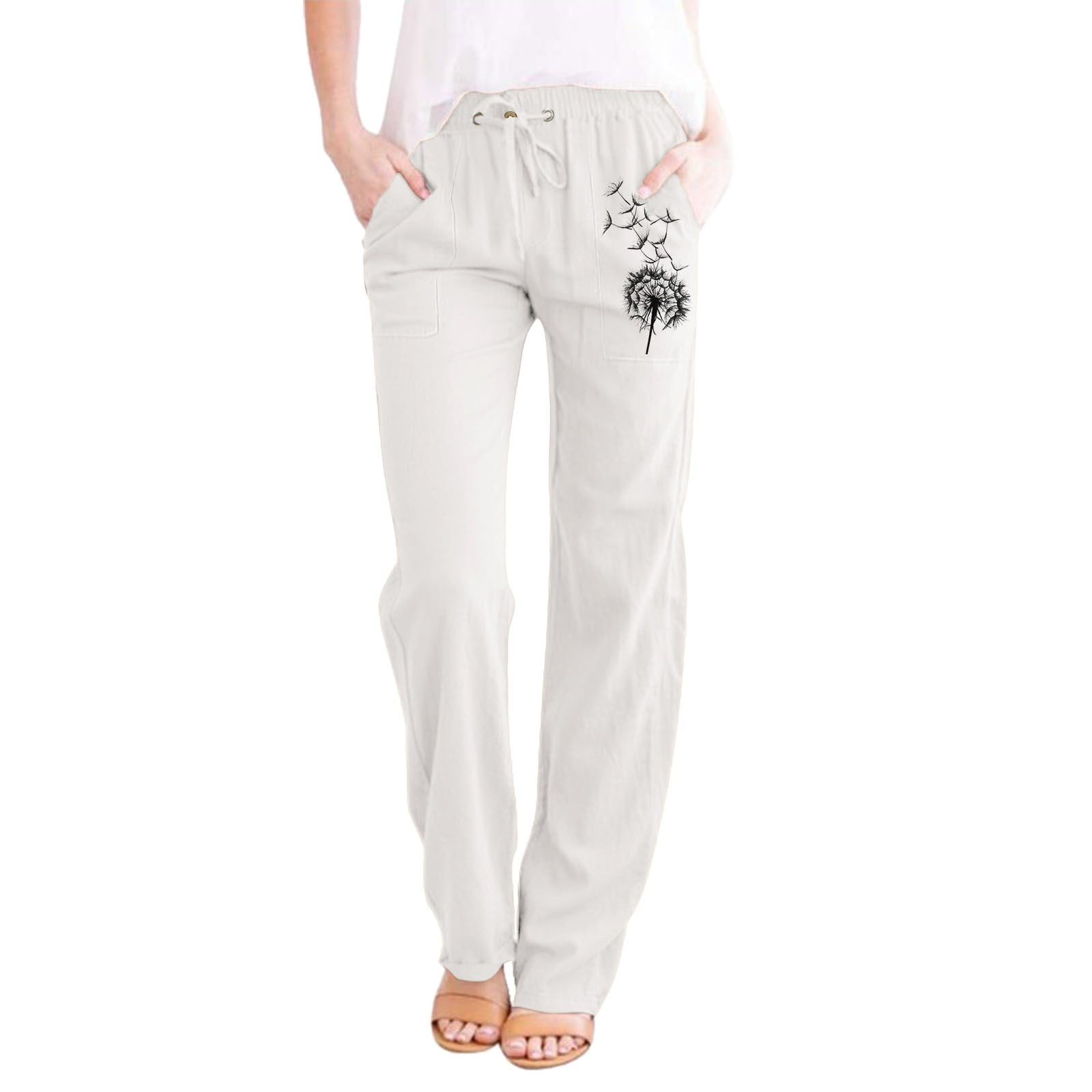 IDALL Linen Pants Women Petite Pants Womens Printing Casual Loose Pants ...