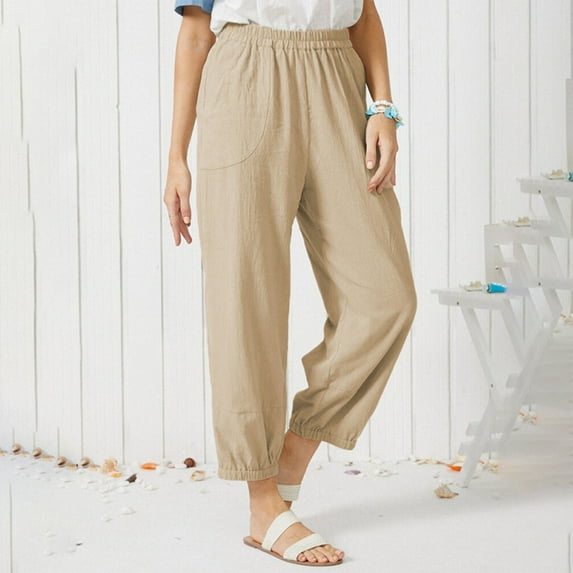 IDALL Linen Pants Women Petite Pants Womens Summer Pants Elastic Waist Cotton Linen Yoga Cropped Pants Trousers Lounge Pants Women Baggy Pants Khaki XL