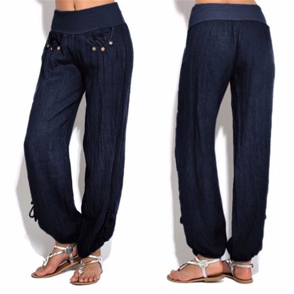 IDALL Linen Pants Women Wide Leg Pants Woman Fashion Women Solid Buttons Cotton And Linen Casual Loose Trouser Wide Leg Pants Lounge Pants Women Baggy Pants Navy 3XL