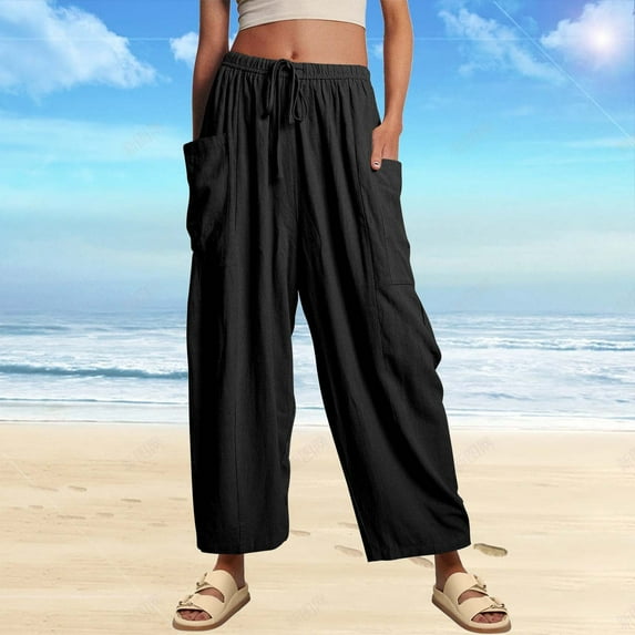 IDALL Linen Pants Women Wide Leg Pants Woman LILLUSORY Women‘s Linen Wide Leg Pants 2023 Casual Loose Lightweigt Beach Palazzo Harem Pants Baleaf Pants Women Baggy Pants Black S