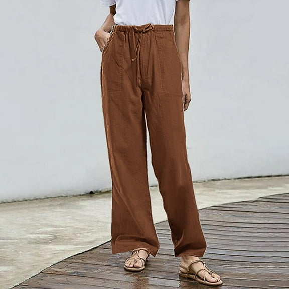 IDALL Linen Pants Women Wide Leg Pants Woman Plus Size Solid Tightness Cotton Linen Trousers Pocket Casual Pants Baggy Pants Plus Size Pants Brown L
