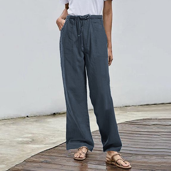 IDALL Linen Pants Women Wide Leg Pants Woman Plus Size Solid Tightness Trousers Pocket Casual Pants Baggy Pants Plus Size Pants Dark Blue 4XL