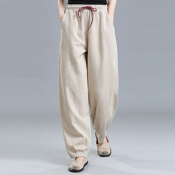 IDALL Linen Pants Women Wide Leg Pants Woman Women Casual Cotton Linen Baggy Pants With Elastic Waist Relax Fit Trouser Lounge Pants Women Summer Pants Beige L