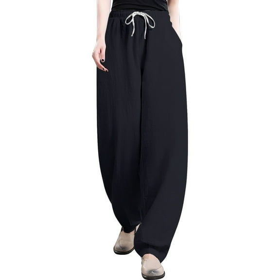 IDALL Linen Pants Women Wide Leg Pants Woman Women Casual Cotton Linen Baggy Pants With Elastic Waist Relax Fit Trouser Lounge Pants Women Summer Pants Black XL