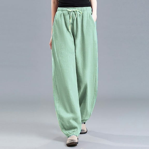 IDALL Linen Pants Women Wide Leg Pants Woman Women Casual Cotton Linen Baggy Pants With Elastic Waist Relax Fit Trouser Lounge Pants Women Summer Pants Green 5XL