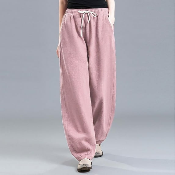 IDALL Linen Pants Women Wide Leg Pants Woman Women Casual Cotton Linen Baggy Pants With Elastic Waist Relax Fit Trouser Lounge Pants Women Summer Pants Red 2XL