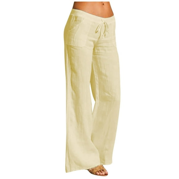 IDALL Linen Pants Women Wide Leg Pants Woman Women Casual Solid Elastic Waist Drawstring Long Wide Leg Pants Lounge Pants Women Summer Pants Yellow 4XL