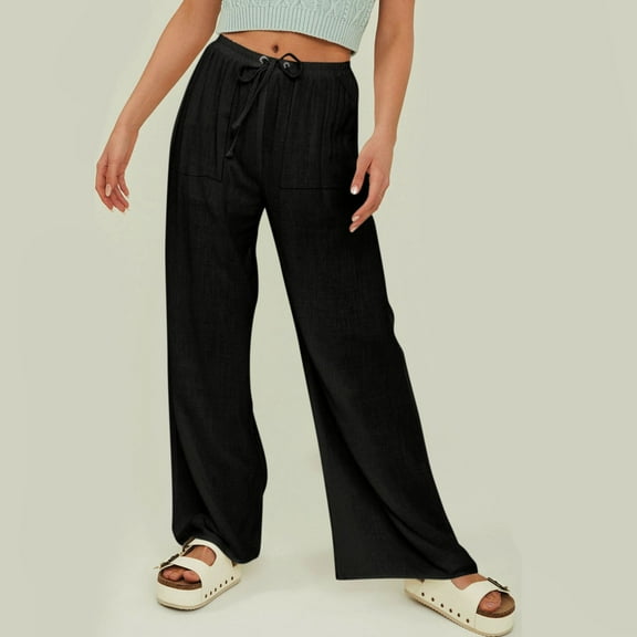 IDALL Linen Pants Women Wide Leg Pants Woman Women Cotton Summer Wide Leg Casual Loose Drawstring High Waist Palazzo Pants Trousers With Pockets Lounge Pants Women Summer Pants Black S