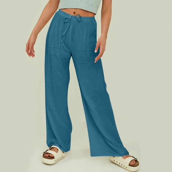IDALL Linen Pants Women Wide Leg Pants Woman Women Cotton Summer Wide Leg Casual Loose Drawstring High Waist Palazzo Pants Trousers With Pockets Lounge Pants Women Summer Pants Blue 2XL
