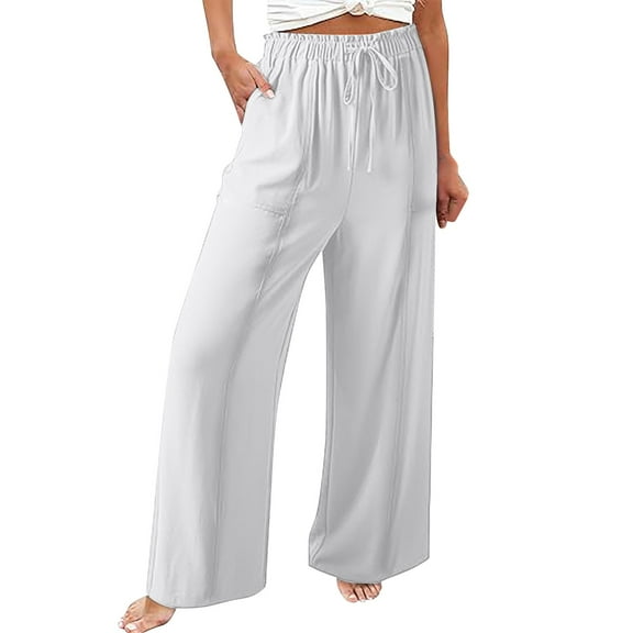 IDALL Linen Pants Women Wide Leg Pants Woman Women Fashion Solid Color Cotton Elastic Long Pants Beach Leisure Trousers Lounge Pants Women Baggy Pants White 2XL