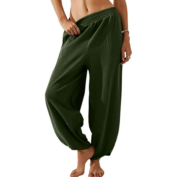 IDALL Linen Pants Women Wide Leg Pants Woman Women Fashion Solid Color Cotton Flax Elastic Long Pants Beach Leisure Trousers Loose Baleaf Pants Women Baggy Pants Green L