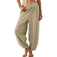 thumbnail image 1 of IDALL Linen Pants Women Wide Leg Pants Woman Women Fashion Solid Color Cotton Flax Elastic Long Pants Beach Leisure Trousers Loose Baleaf Pants Women Baggy Pants Khaki S, 1 of 6