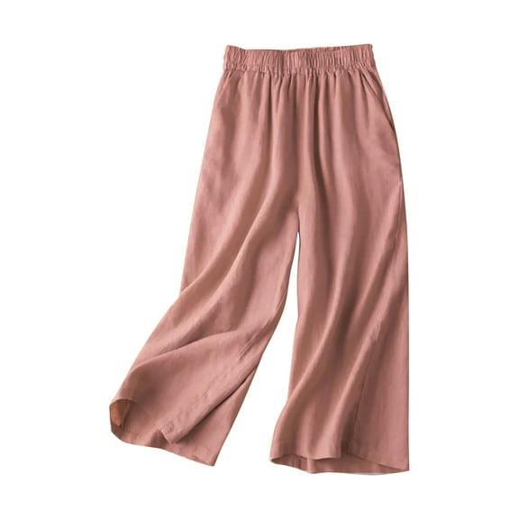IDALL Linen Pants Women Wide Leg Pants Woman Women Fashion Solid Color Cotton Flax Elastic Long Pants Beach Leisure Trousers Lounge Pants Women Baggy Pants Pink 2XL
