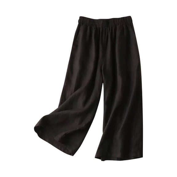 IDALL Linen Pants Women Wide Leg Pants Woman Women Fashion Solid Color Cotton Flax Elastic Long Pants Beach Leisure Trousers Lounge Pants Women Baggy Pants Black 2XL