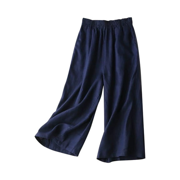 IDALL Linen Pants Women Wide Leg Pants Woman Women Fashion Solid Color Cotton Flax Elastic Long Pants Beach Leisure Trousers Lounge Pants Women Baggy Pants Navy L