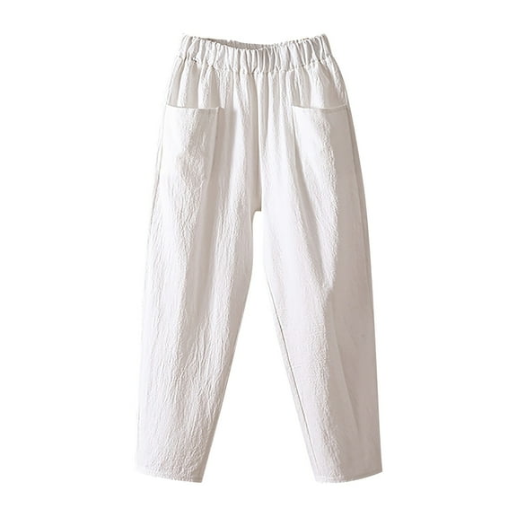 IDALL Linen Pants Women Wide Leg Pants Woman Women Fashion Solid Color Cotton Flax Elastic Long Pants Beach Leisure Trousers Lounge Pants Women High Waisted Pants White XL