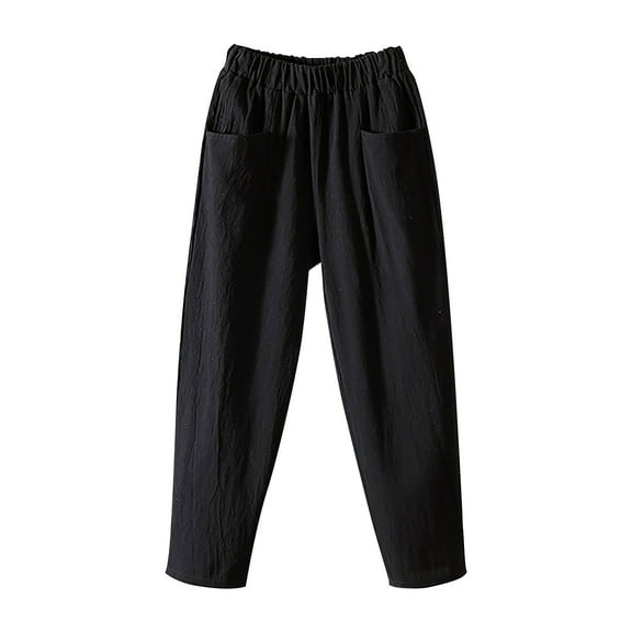 IDALL Linen Pants Women Wide Leg Pants Woman Women Fashion Solid Color Cotton Flax Elastic Long Pants Beach Leisure Trousers Lounge Pants Women High Waisted Pants Black 2XL