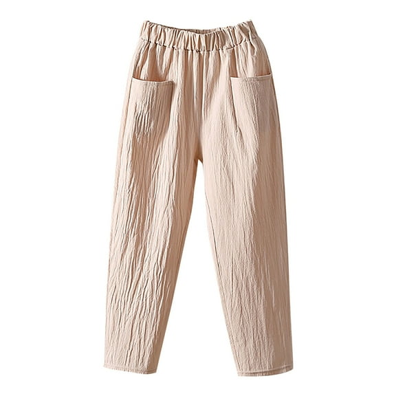 IDALL Linen Pants Women Wide Leg Pants Woman Women Fashion Solid Color Cotton Flax Elastic Long Pants Beach Leisure Trousers Lounge Pants Women High Waisted Pants Beige L