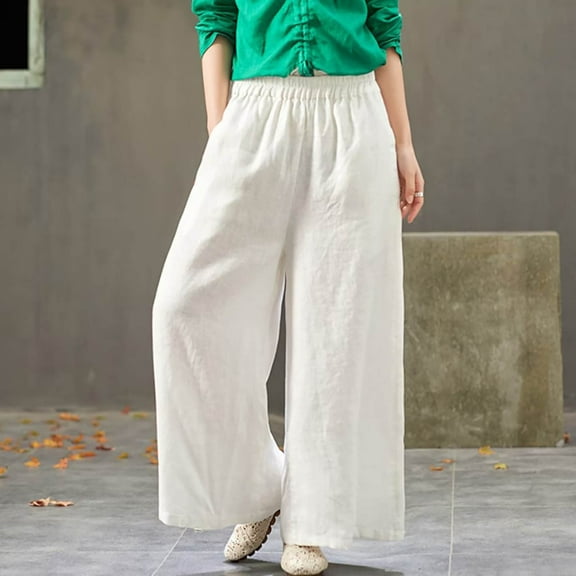 IDALL Linen Pants Women Wide Leg Pants Woman Women New Casual And Fashionable Loose Solid Color Mid Waist Cotton Linen Wide Leg Pants Lounge Pants Women Baggy Pants White M