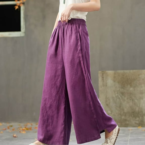 IDALL Linen Pants Women Wide Leg Pants Woman Women New Casual And Fashionable Loose Solid Color Mid Waist Cotton Linen Wide Leg Pants Lounge Pants Women Baggy Pants Purple M