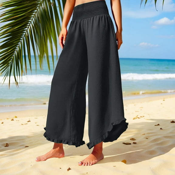 IDALL Linen Pants Women Wide Leg Pants Woman Women Solid Color Fashionable Casual High Waisted Pleated Irregular Cotton Linen Loose Pants Beach Pants Baggy Pants Gray XL